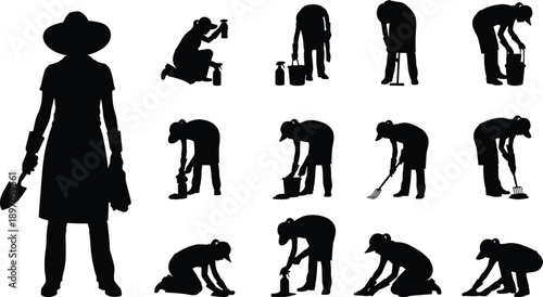 Gardener silhouette collection using tools, watering plants, raking soil, cleaning tasks isolated on white minimalist vector background set