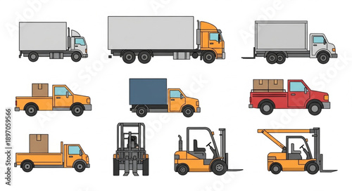 Collection of various trucks and forklifts for logistics and delivery.