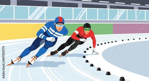 Two speed skaters intensely compete on an ice track, showcasing agility and strength