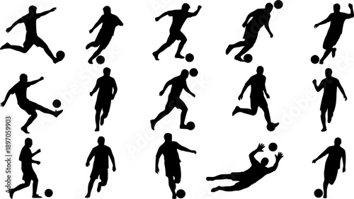 Silhouettes of soccer players in action kicking and running with a ball on white background football

