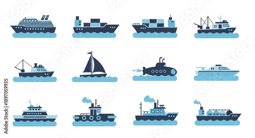 Collection of Various Ships and Boats on Water Surface.