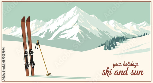 Skiing in the snow-capped mountains on a sunny winter holiday from a distant viewpoint