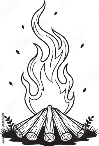 Black and White Campfire Bonfire Illustration with Logs and Flames