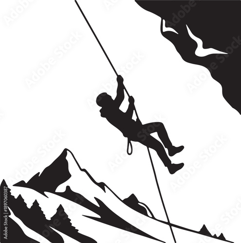 Extreme Sport Rappelling Climber Silhouette on Mountain Background