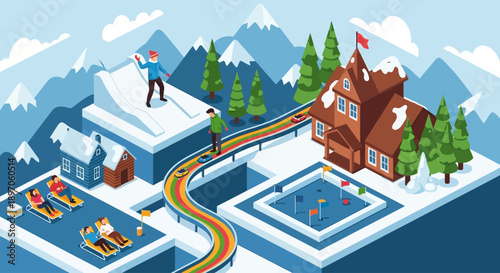 Illustration of people enjoying winter sports near a house with a swimming pool in a snowy mountain landscape