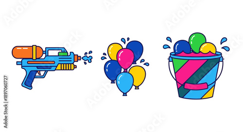 Colorful illustration of water gun, balloons, and bucket filled with balls, depicting a fun outdoor scene from a straightforward viewpoint