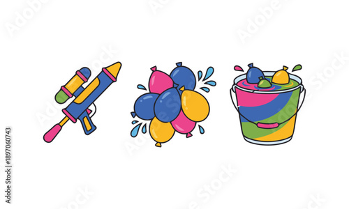 Colorful water toys and balloons in a bucket, ready for a fun summer day at the beach or backyard, viewed from the side.