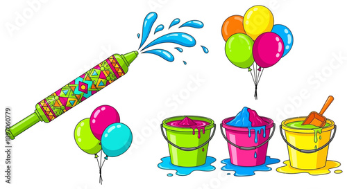 Vibrant water balloons and buckets ready for a fun-filled water fight on a sunny day