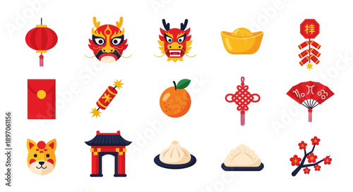 Asian culture icons in a flat style
