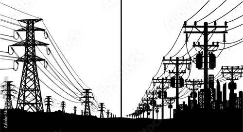Collection of industrial electricity transmission tower and transformer silhouettes vector illustration isolated on white background