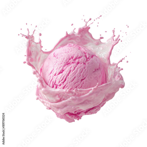 Pink Ice Cream Ball with Splashing Milk on Transparent Backdrop