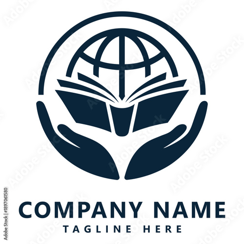 Global education logo with hands holding book and earth icon