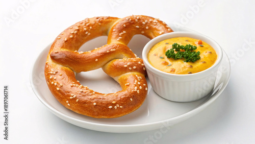 A freshly baked soft pretzel on a white plate, accompanied by a savory cheese dip garnished with fresh parsley.