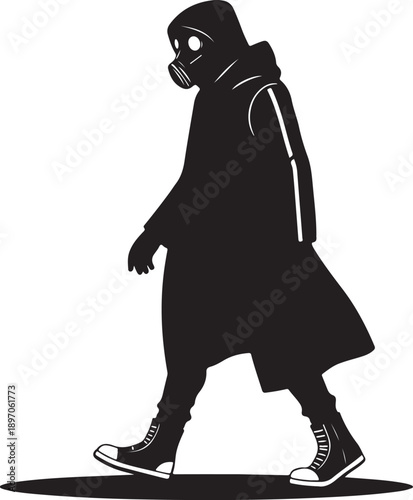 Man in Gas Mask and Long Coat Walking - Dystopian Silhouette Vector