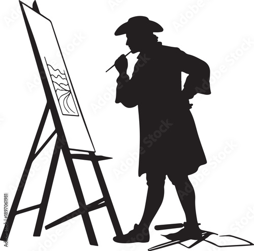 Vintage artist silhouette painting on easel with brush, creativity concept
