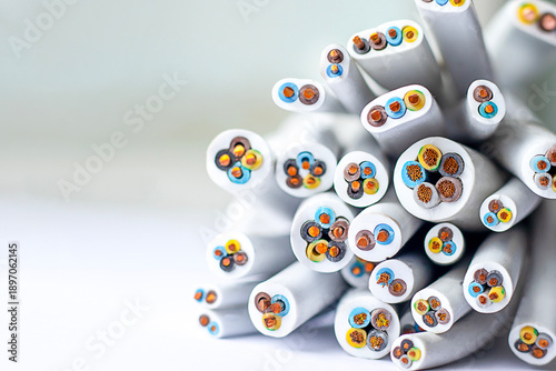 Foto Close up of colorful electrical cables with exposed ends and bright insulated wi