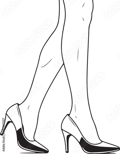 Fashion line drawing of walking female legs wearing pointed toe pumps