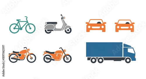 Collection of various vehicles including bicycle scooter motorcycles and truck.
