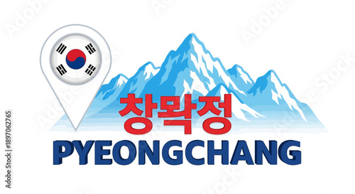 Mountain landscape with map pin and Korean text overlay on snowy peaks graphic illustration