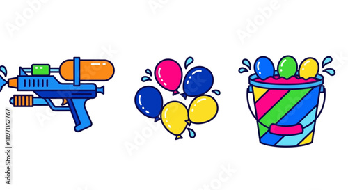 Colorful water gun, balloons, and bucket filled with balls, illustration of fun summer party elements from a straightforward viewpoint