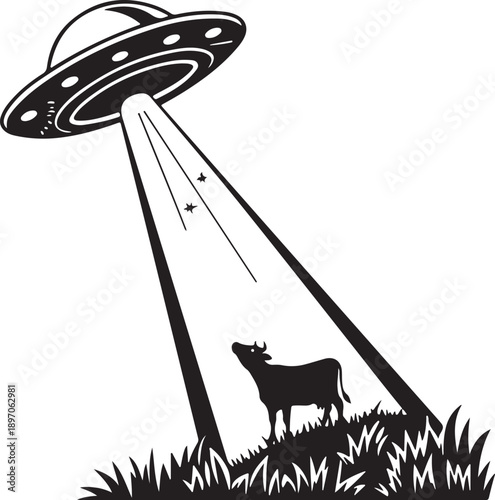 Black and White Illustration of UFO Abducting a Cow with Tractor Beam
