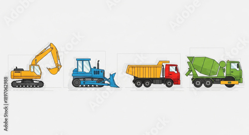 Construction vehicles including excavator bulldozer dump truck and concrete mixer.