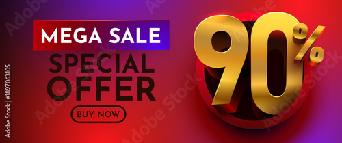 Mega Sale 90 Special Offer Banner. Vibrant promotional graphic with golden 3D discount numbers. Vector illustration.