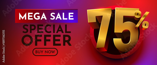 Mega Sale 75 Special Offer Banner. Vibrant promotional graphic with golden 3D discount numbers. Vector illustration.