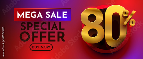 Mega Sale 80 Special Offer Banner. Vibrant promotional graphic with golden 3D discount numbers. Vector illustration.
