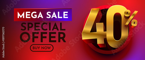 Mega Sale 40 Special Offer Banner. Vibrant promotional graphic with golden 3D discount numbers. Vector illustration.