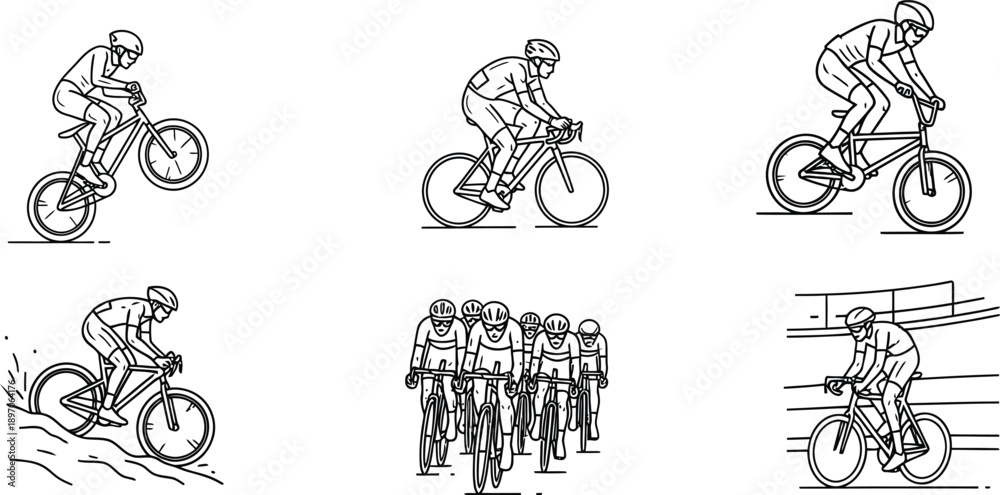 Naklejka premium A collection of six line art sketches depicting different cycling sports and activities