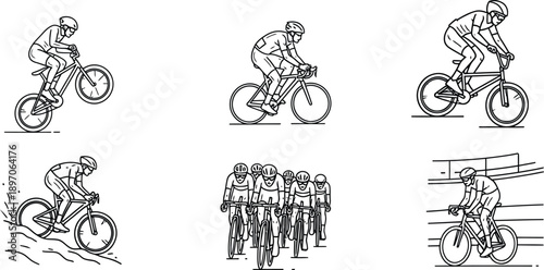 A collection of six line art sketches depicting different cycling sports and activities