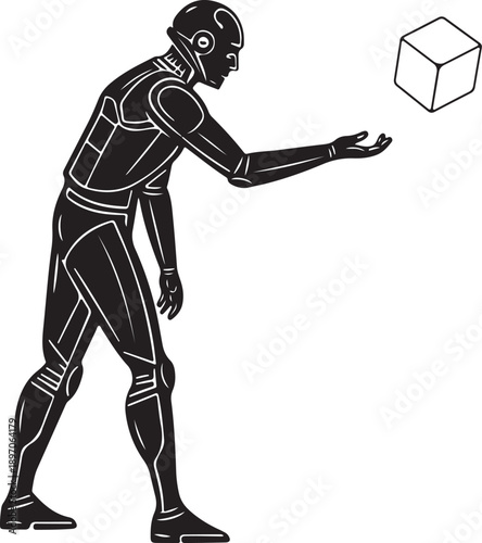 Futuristic AI robot manipulating 3D geometric cube vector illustration