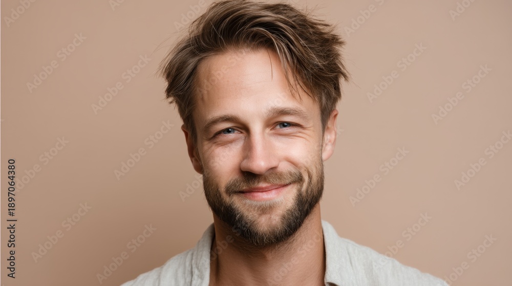 Obraz premium Smiling caucasian male adult with beard on neutral background.