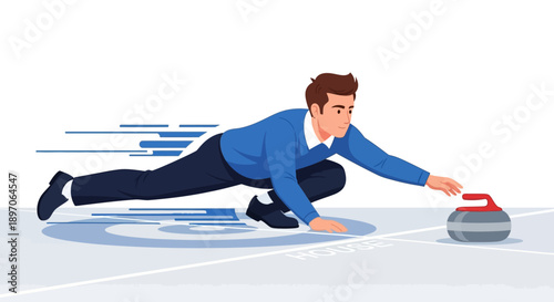 Man in blue attire sliding on ice while delivering a curling stone during a competitive curling match from a bird's eye view