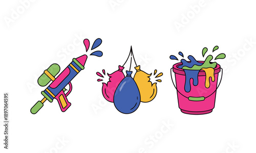 Vibrant celebration elements including water gun, colorful balloons, and bucket filled with paint, symbolizing fun and creativity