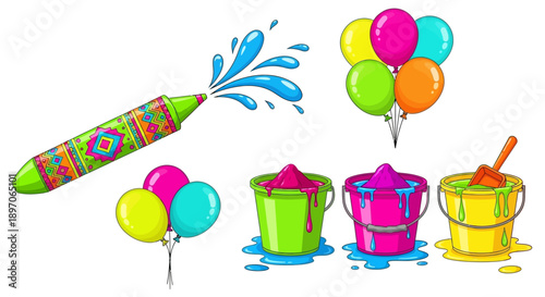 Vibrant celebration scene with party popper, balloons, and colorful drinks in buckets, viewed from directly above in a lively atmosphere