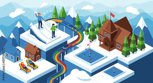 Aerial view of winter recreation scene with skiing, snowboarding, and swimming in a snowy landscape with houses and trees