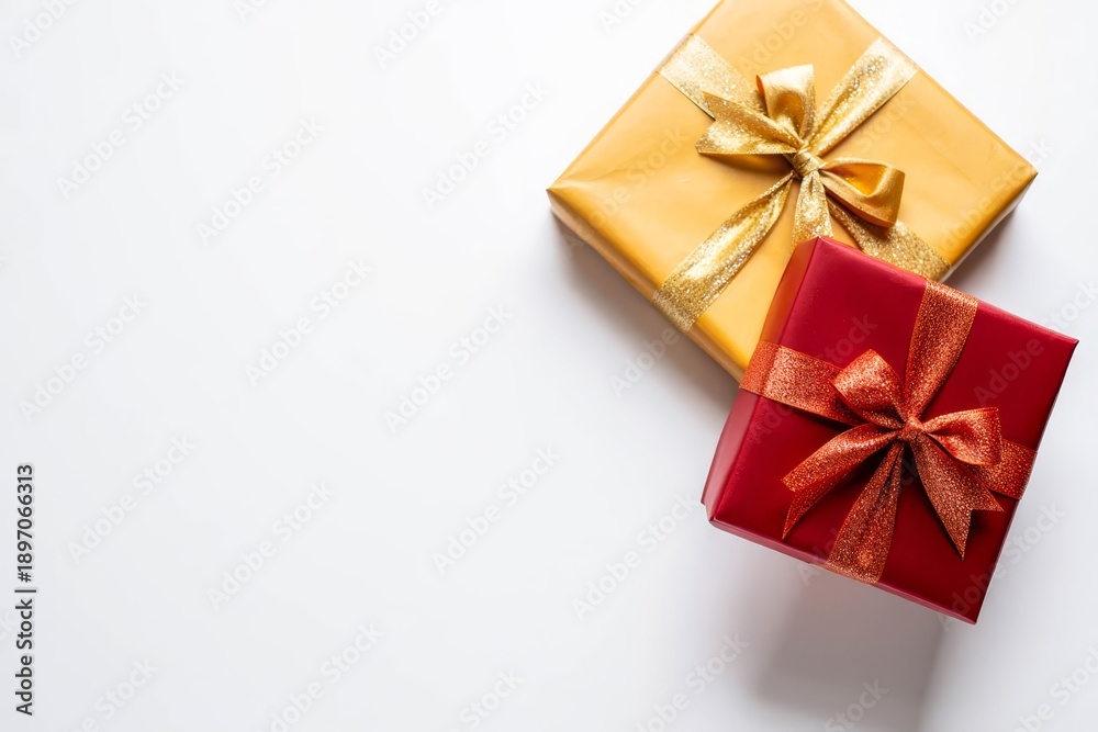 Fototapeta premium Gift box mockup on the white table with copy space. Merry christmas and happy new years background for text advertise.