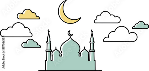Minimalist mosque illustration with crescent moon and soft colorful clouds celebrating Islamic culture and spiritual devotion