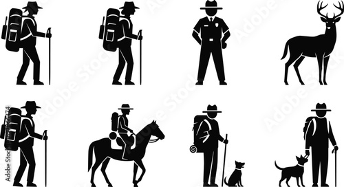 WBlack vector silhouette set of hikers park rangers and deer for concepts of national parks outdoor adventure trekking and wildlifeeb