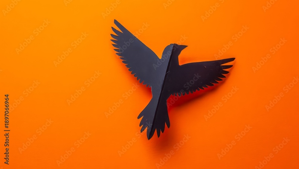 Fototapeta premium One paper black crow with raised wings in the upper right corner on an orange background with space for text.