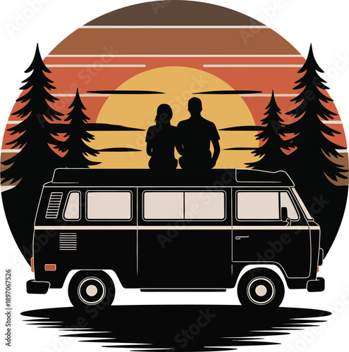 Romantic Couple Sitting on Retro Camper Van Roof: Vanlife Sunset Vector.