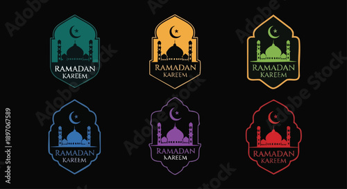 Minimal Ramadan Kareem vector icons set for social media posts with colorful, outlined mosque designs on a black background.