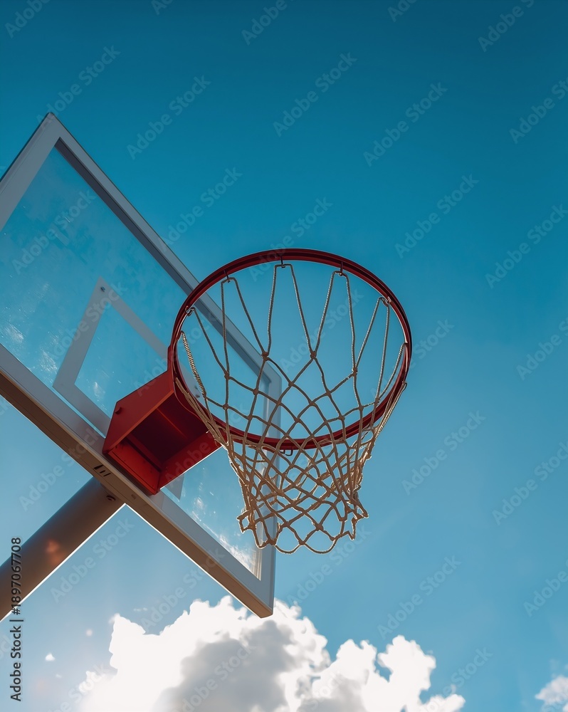 Naklejka premium Basketball hoop and net low angle against blue sky with clouds and bright sunlight