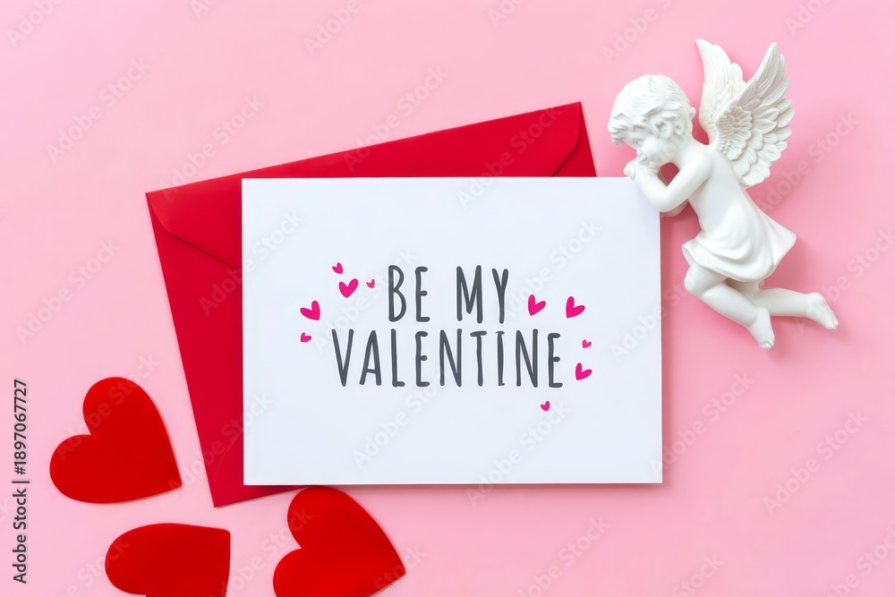 Fototapeta premium Red envelope, white writing paper, hearts, Cupid on pink background Happy Valentine's day concept.
