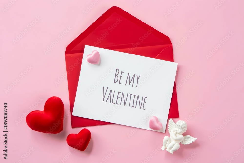 Fototapeta premium Red envelope, white writing paper, hearts, Cupid on pink background Happy Valentine's day concept.