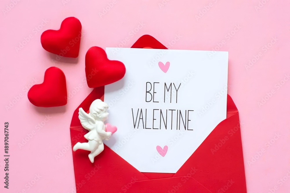 Fototapeta premium Red envelope, white writing paper, hearts, Cupid on pink background Happy Valentine's day concept.