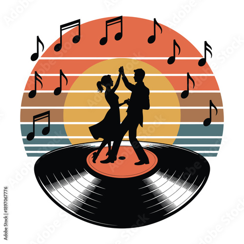 Retro Couple Dancing on Vinyl Record: 50s Rock and Roll Party Vector.