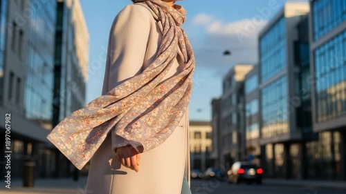 Young woman walking on city street with scarf flowing in the wind  